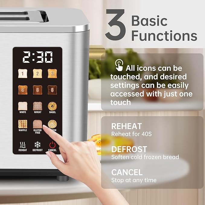 SEEDEEM Toaster 2 Slice, Touch Control Screen, Smart Stainless Toaster, 6 Shade Setting, 6 Bread Selection, Countdown, Removable Crumb Tray, 900W, Silver Metallic
