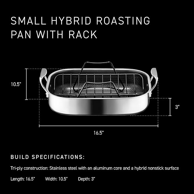 HexClad Hybrid Nonstick Small Roasting Pan with Rack, Dishwasher-Friendly, Oven-Safe Up to 900°F, Compatible with All Cooktops