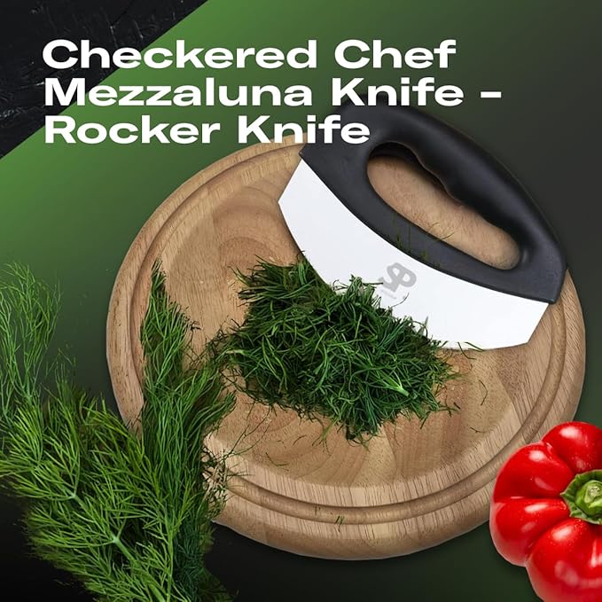 Stainless Steel Mezzaluna Salad Chopper Knife – Double Blade Herb Mincer with Protective Cover and Ergonomic Handles for Chopping Herbs, Vegetables, and Salad