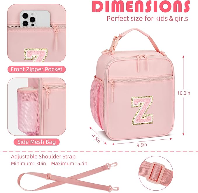 Initial Insulated Lunch Bag for Girls Kids, Back to School Gift, Reusable Leak-proof Lunch Box with Adjustable Strap for School Daycare Travel Picnic (Pink,Z)