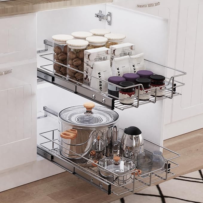 Pull Out Cabinet Organizer 11" W X 17" D, Slide Out Drawers For Kitchen Organizers and Storage, Pull Out Drawers For Cabinets Capacity Heavy Duty Caddy, Cabinet Shelves Chrome-Plated, Bathroom Pantry