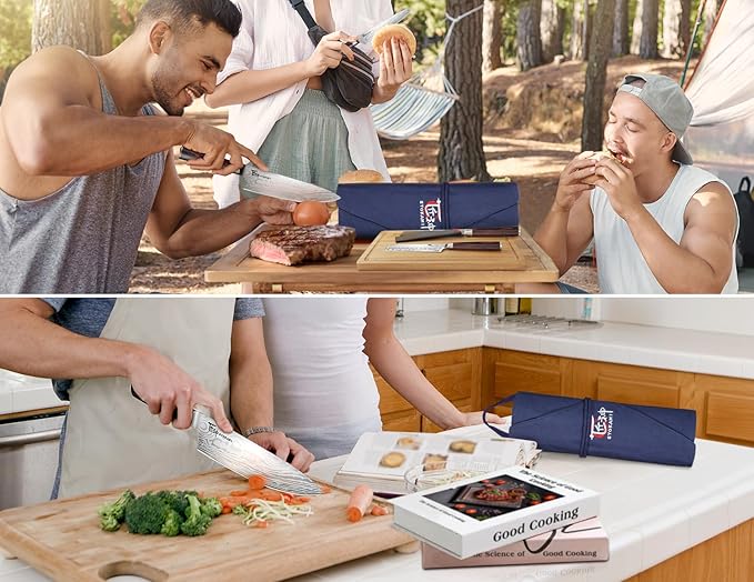 14pcs Chef Knife Set with Roll Bag, Professional Stainless Steel Japanese Knife Set with Pakkawood Handle for Professional Chef, Camping, Travel, BBQ, RV or Gift Blue