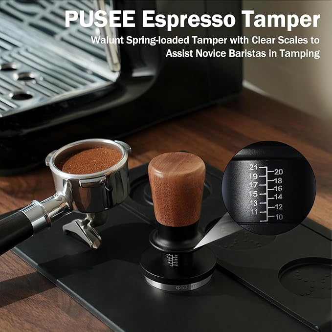 PUSEE 58mm Espresso Tamper, Calibrated Tamper with 30lbs Double Spring Loaded Tamper Walnut Wood Coffee Tamper for Barista Home,Stainless Steel Base Tamper Espresso Tool Fits 58 Portafilters