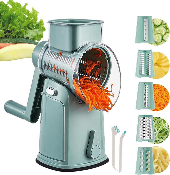 Rotary Cheese Grater Hand Crank, 5 in 1 Mandoline Vegetable Slicer - 5 Sets of Blades,Strong Suction Base&Easy to Clean - Kitchen Cheese Grater Shredder with Handle for Fruit,Vegetable,Nuts