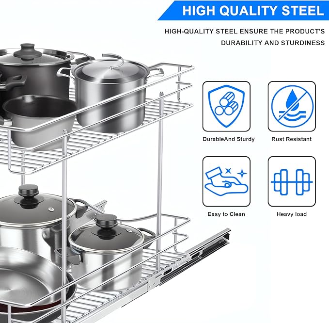 Fulgente Chrome Finish Pull Out Drawer Cabinet Organizer, Professional Wire Frame 2 Tier Heavy Duty Slide Out Kitchen Cabinet Storage Shelves, Sliding Drawer for Cabinet 11"W x 21"D