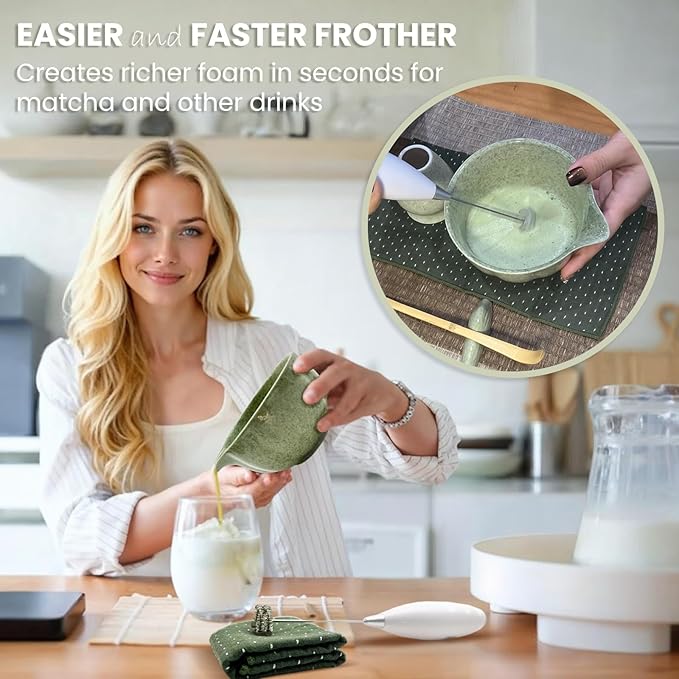 Matcha Whisk Set Incl. Ceramic Bowl With Spout, Whisk (Chasen), Stand, Bamboo Scoop, Sifter, Electric Frother, Tea Towel etc. 9 Pcs Matcha Making Starter Kit, White&Pink