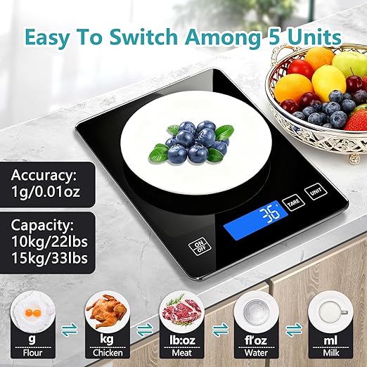 Food Scale, Digital Kitchen Scale 33lb/15kg Steel and Tempered Glass with 1g/0.1oz Precision, Tare & 5 Units, Type-C Rechargeable, LCD Display for Baking, Cooking, Meal Prep, Coffee, Postage Black