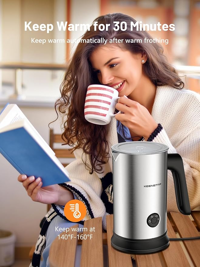 Keenstar Electric Milk Frother, Automatic Milk Steamer Warm or Cold Foam Maker for Coffee, Cappuccino, Latte, Stainless Steel Milk Warmer with Temperature Controls