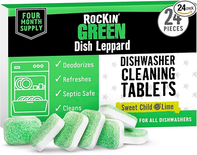 Rockin' Green Dishwasher Cleaner Tablets (24 Pack) - Septic Safe Dishwasher Cleaning Tablets Dishwasher Cleaner and Deodorizer Dishwashers Tablet Remove Build Up with Citric Acid (Sweet Child O'Lime)
