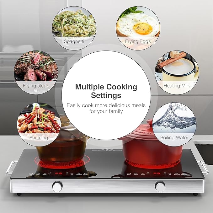 2 Burner Electric Cooktop, 110V 2400W Electric Stove Top, 24 Inch Hot Plate with Knob Control, Kids Lock & Timer, 9 Power Levels, LED Touch Control