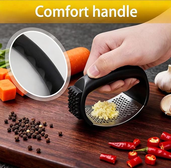 Garlic Press Equipped with Soft Ergonomic Handle, Easy to Crush Garlic, Easy to Clean, and Rust-resistant, Upgrade Black