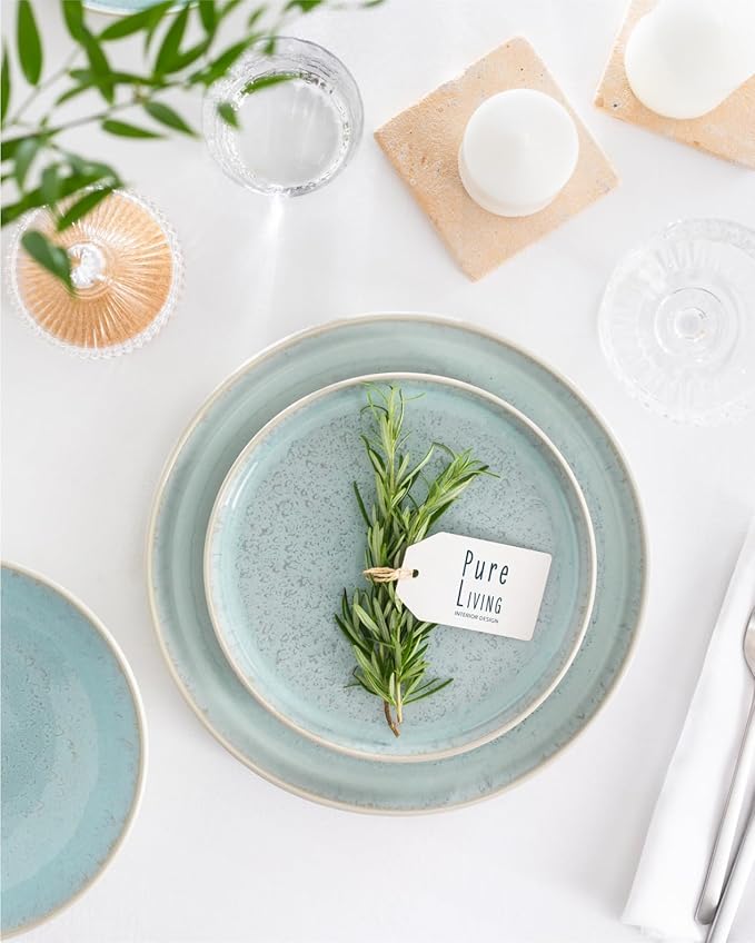 Stoneware dinnerware set 4 persons 16 pcs – Modern style plates and bowls set ceramic – Dishwasher, microwave and scratch resistant – Bowl and plate set – Dinner service Pure Living beige & light blue