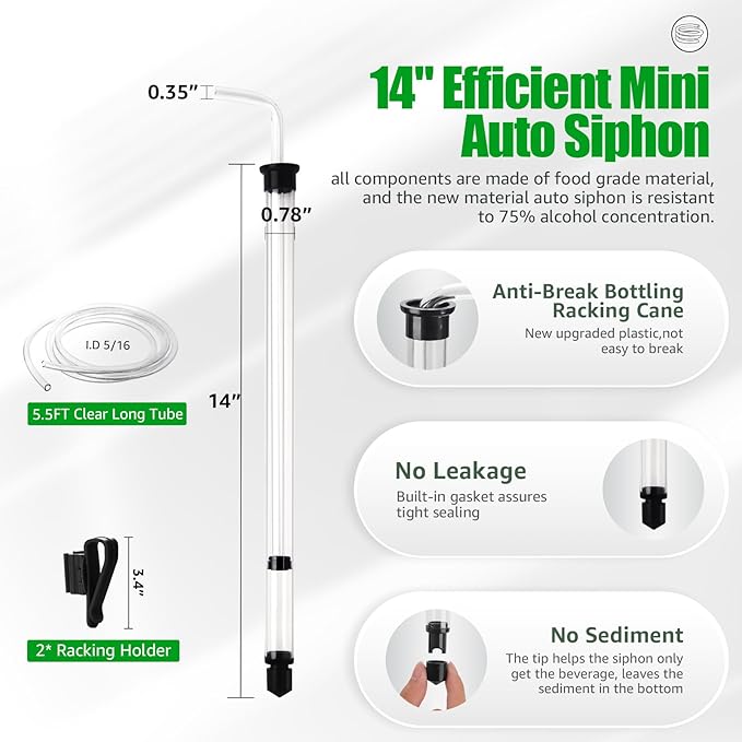 14” Auto Siphon-3/8” Racking Cane, Wine Siphon Pump with 5.5FT Tubing, Auto Siphon Clamp, Cleaning Brush, Airlock for Fermenting with Stoppers & Grommets, Siphoning Kit for Wine Making Homebrew
