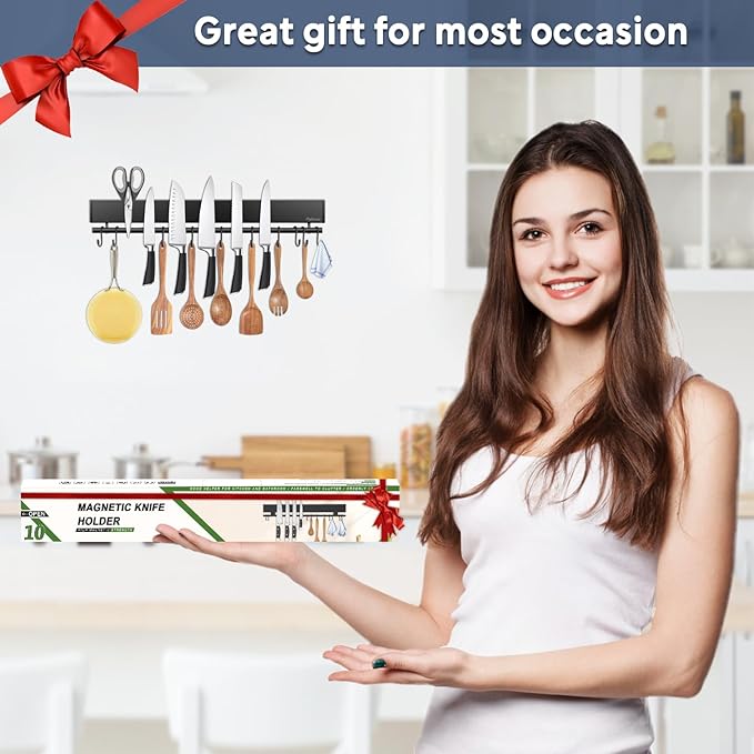 17 inch magnetic knife holder with 10 hooks, No Drilling black knife magnetic strip and utensil hanger for wall, Powerful knife magnet rack include tape and screws