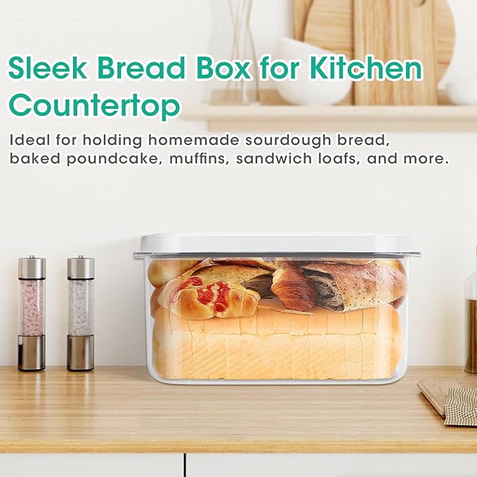 Large Bread Box with Easy-Carrying Handles for Kitchen Countertop, 6.5 Qt Rice Flour Container with Pop Up Lid & Hanging Hooks for Cleaner Use, Airtight Food Storage Bin for Kitchen Organization