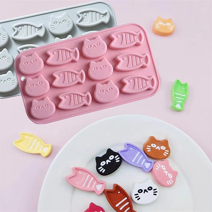 2PCS Chocolate Silicone Molds, 12 Cavity Cartoon Cat Mold Cat Treat Molds, Mini Fish Shape Silicone Mold Animals Candy Mold for Sugar, Candy, Chocolate