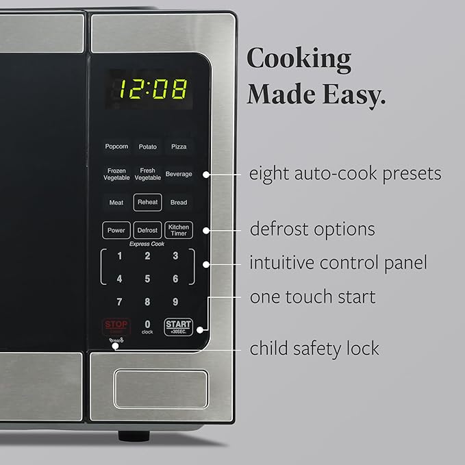 Farberware 0.9 Cu. Ft. Countertop Microwave Oven – 900 Watts Power, Auto Cook Settings, Defrost, Easy Clean and Child Safety Lock-Stainless, Stainless Steel