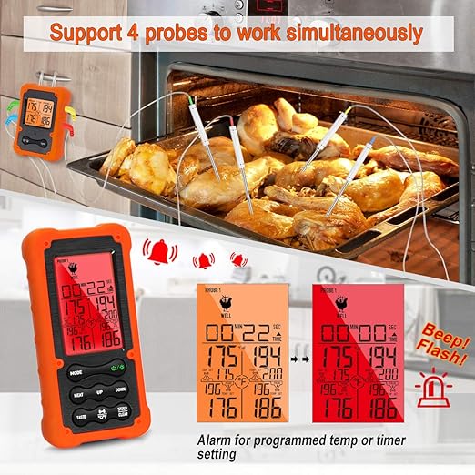 Grill Smoker BBQ Cooking Food Thermometer Oven Safe - Digital Wireless Meat Thermometer for Grilling Smoking with 4 Probes - Kitchen Baking Steak Turkey Candy Thermometers, not for Medical Purposes