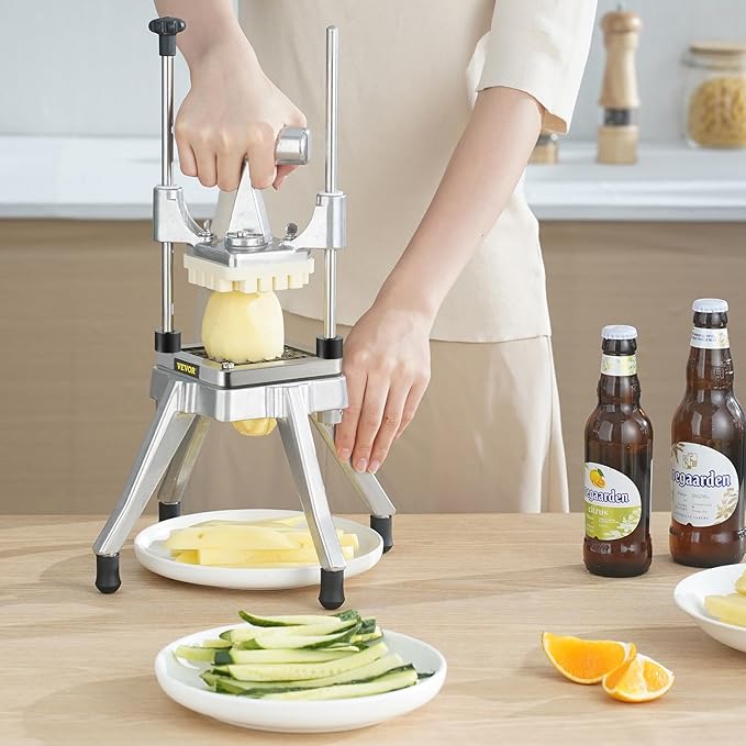VEVOR Commercial Vegetable Fruit Chopper, Stainless Steel French Fry Cutter w/ 4 Blades 1/4" 3/8" 1/2", Vegetable Chopper Dicer w/Stainless Bowl, Heavy Duty Cutter for Potato Tomato Onion Mushroom