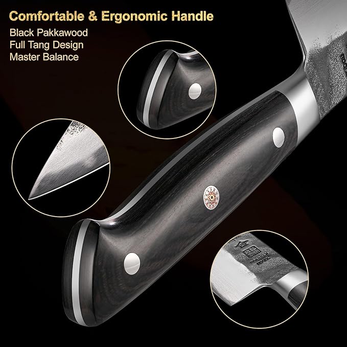 7 Inch Santoku Knife, Black Forged Japanese Chef Knife with AUS-8 Alloy Steel, Japanese Santoku Knife with Full Tang Pakkawood Handle, Christmas Gift with Premium Box (7 Inch Santoku Knife)