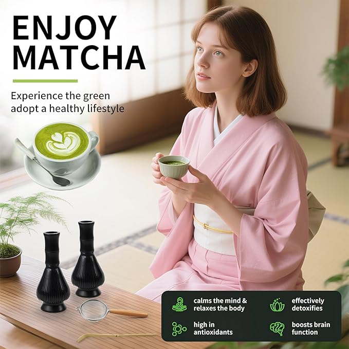 Resin Matcha Whisk Traditional Japanese Chasen Matcha Tea Whisk Gifts for Tea Lovers Reusable Plastic Matcha Whisk for Authentic Tea Preparation (Black+Black)