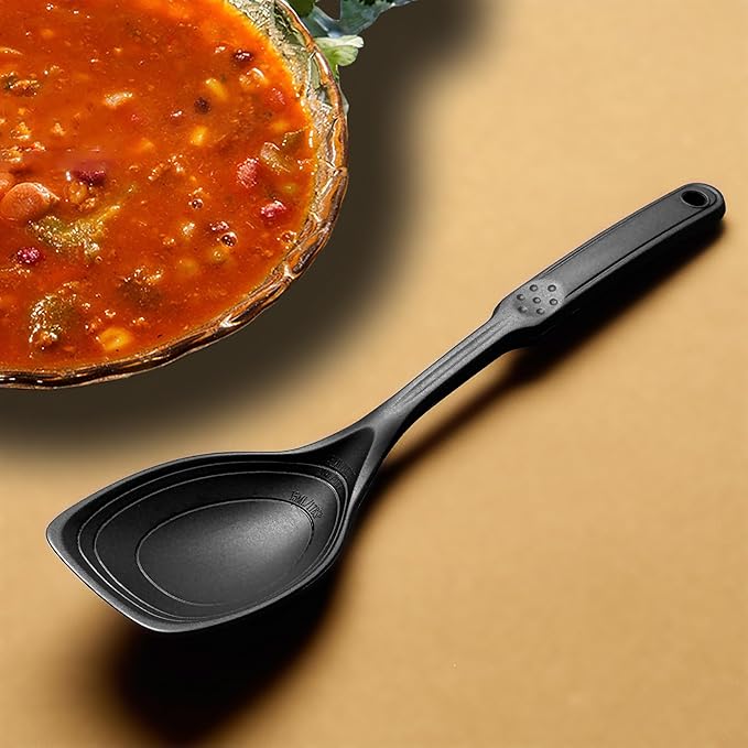 2 Pack Large Silicone Cooking Spoon, Non-Stick Slotted and Solid Spoon set with Deep Bolw and Measurement Mark for Mixing, Serving, Draining, Scooping, Scraping, Heat Resistant Kitchen Utensils, Black
