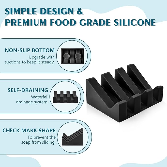 Self Draining Soap Dish,Silicone Suction Cup Soap Holder, Bathroom Soap Dish for Bar Soap,Can Extend Soap Life,Bathroom, Bath Tub, Kitchen Sink (4, Black)