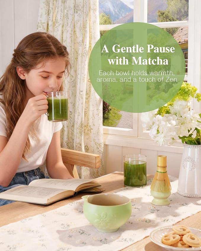 ZENS Matcha Whisk Set, Ceramic Matcha Tea Set with 15oz Sakura Bowl and Bamboo Whisk & Scoop, (Chasen Holder), Stainless Sifter-Tea Towel, 6pcs Matcha Kit for Matcha Lovers, Green