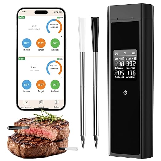 BlueSwan Wireless Smart Digital Bluetooth Meat Thermometer 820 ft Range with 2 Color Probes for Cooking, Grill, Smoker, Oven, 48Hr Battery, Magnetic Design for BBQ Accessories Stocking Stuffers