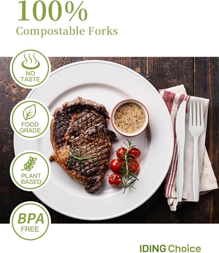 Compostable Forks No Plastic Silverware 200 count disposable cutlery flatware heavy duty party utensils Eco Friendly Heavyweight White Fork for Wedding Office BBQ Picnic Outdoor Event
