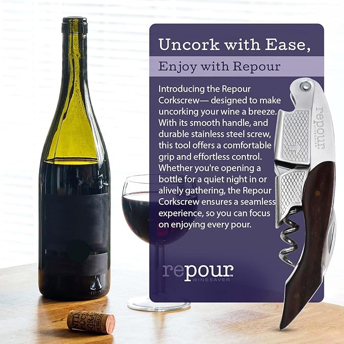 Repour 3 in 1 Corkscrew- Professional Wine Bottle Opener with Serrated Foil Cutter and Bottle Opener- Manual Wine Key for Bartenders, Servers, Waiters, and Wine Enthusiasts (Rosewood)