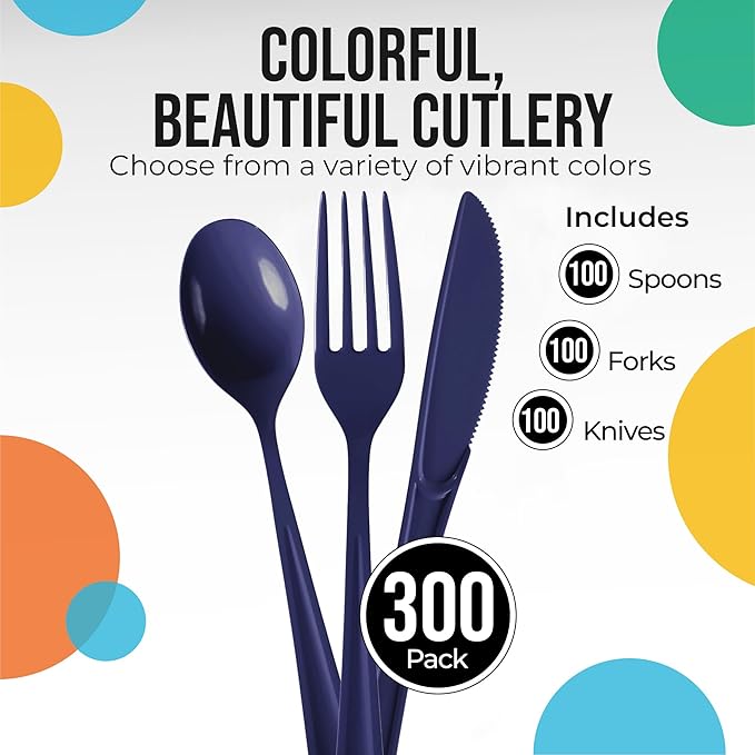 Party Solids Navy Plastic Silverware Heavy Duty 300 Pieces Navy Plastic Cutlery Sets, Utensil Sets, 100 Of Each Forks, Knives & Spoons Disposable Cutlery Set, Flatware Set For Party Supplies