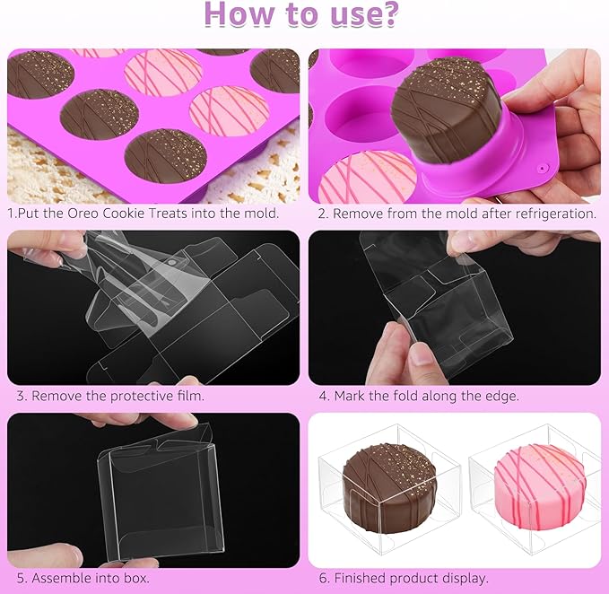MGWOTH Chocolate Covered Mold Set: 3PCS Silicone Cookie Mold with 50 Clear Treat Boxes, Round Baking Mold for Oreos,Candy, Rice Crispy, Mini Cake, Individually Wrapped Cakesicle Party Favor Packaging