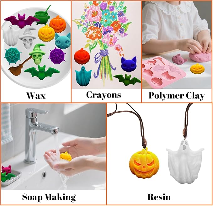 Halloween Chocolate Molds,2PCS Halloween Silicone Mold-Ghost,Pumpkin,Bat,Skull Witch Hat,Spider Web,Broom,Cat,Medicinal Liquid,Non-Stick 3D Baking Candy Mold Set for Jelly Gummy Cookies Pudding Cake