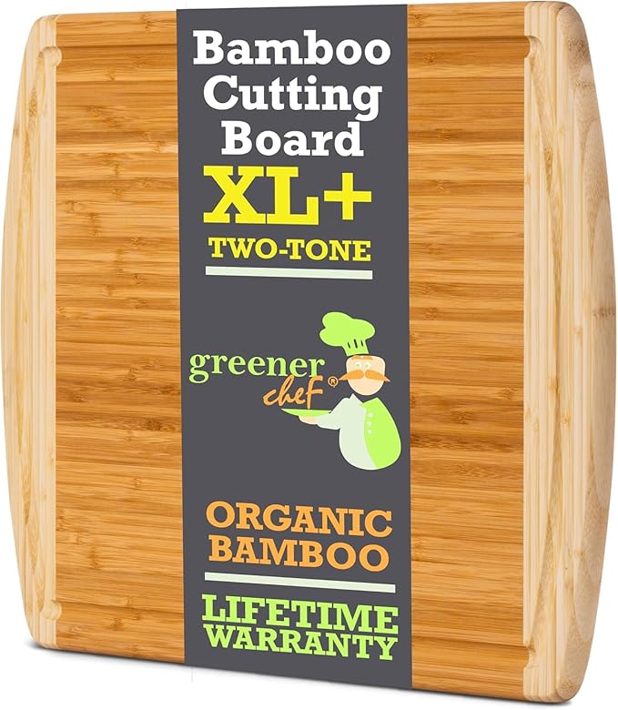 GREENER CHEF 20 Inch Extra Large Bamboo Cutting Board with Lifetime Replacement - Wooden Butcher Block for Kitchen, Carving Meat, Vegetables, and Charcuterie with Deep Juice Groove