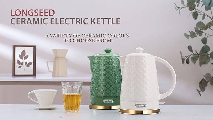 Ceramic Electric Kettle, 1.5L/1200W Boil Water Quickly and Easily with Boil-Dry Protection Auto Shut Off, Detachable Swivel Base, Green Relief Carving