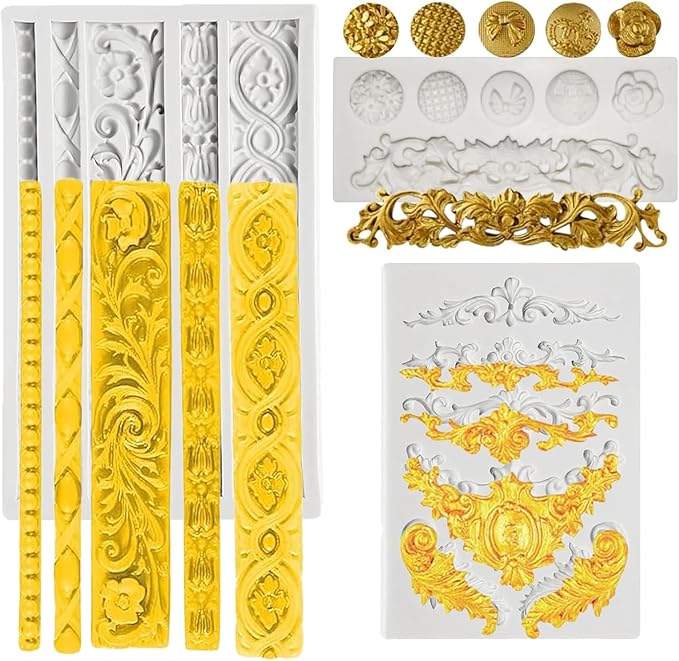 3 Pcs Baroque Silicone Molds Baroque Style Curlicues Scroll Lace Fondant Silicone Mold Scroll silicone Baroque Mold Relief Flower Lace Mould for Wedding Birthday Cake Decoration