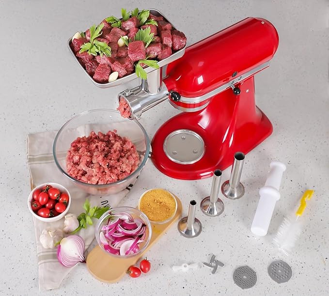 Stainless Steel Meat Grinder Attachment for KitchenAid Stand Mixers, Includes 3 Grinding Plates & 3 Sausage Stuffer Tubes, All-Metal Food Grinder, Dishwasher Safe