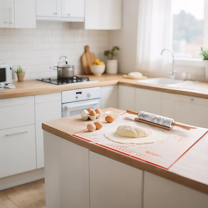 WORHE Marble Rolling Pin with Non-Stick Silicone Mat & Wood Base, 16.9-Inch Heavy Weight Dough Roller for Pizza Crust, Cookies, Pasta, Fondant, Pastry Polished Non-Stick Surface White (WH076)