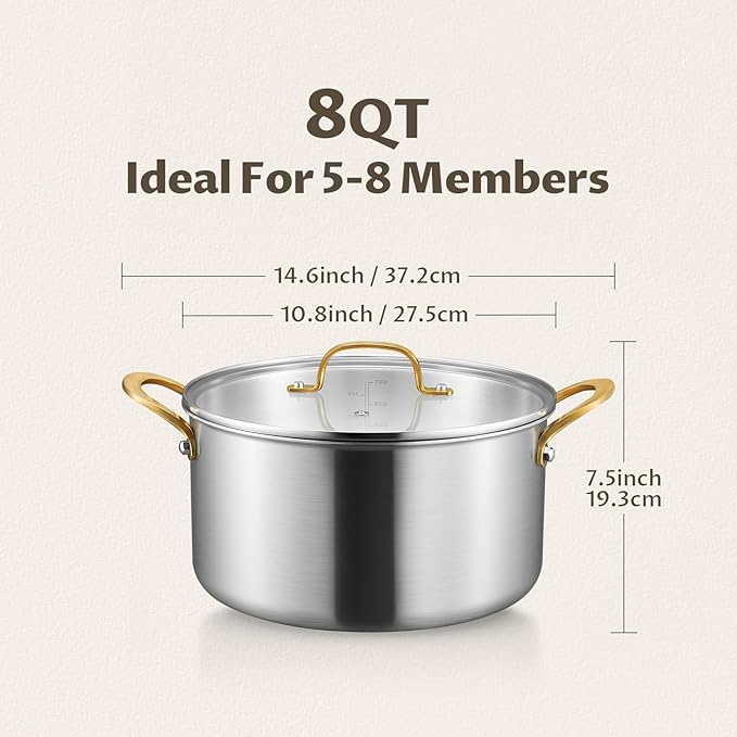 BEZIA 8 Quart Tri-Ply Stainless Steel Stock Pot with Lid, Soup Pot with Stainless Steel Handle, Exceptional Heat Distribution, Induction Cooking Pot for All Stoves, Silver