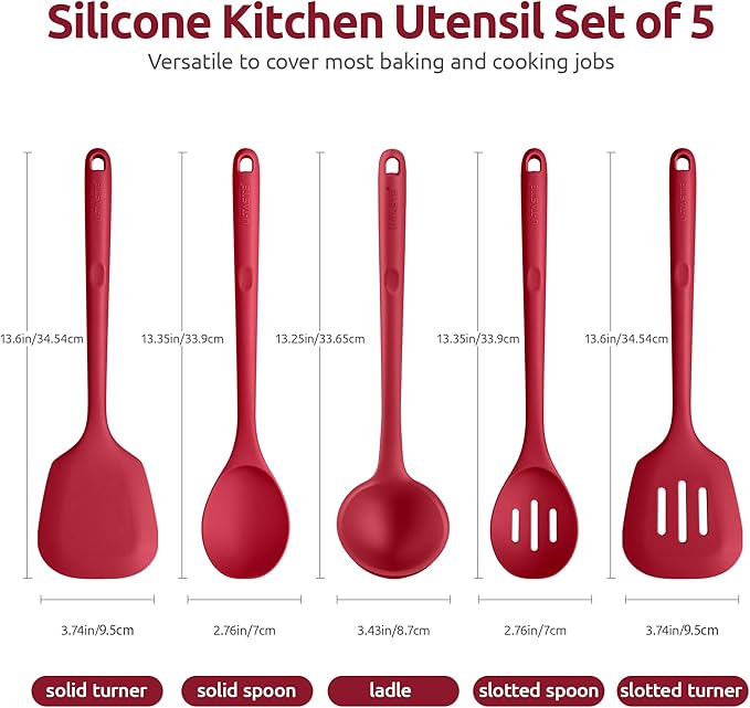 Silicone Kitchen Cooking Utensil Set: U-Taste High Heat Resistant 13.6in Long Kitchen Gadgets, BPA Free Non Stick Rubber Cook Accessories For Stir Frying, Serving, Basting, Mixing (5 Pieces, Red)