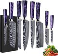 8-Piece Premium Japanese Kitchen Knife Set - Imperial Collection, Laser Damascus Pattern, 440A Stainless Steel Ultra Sharp for Fast Cutting (DMS-8A-Purple)