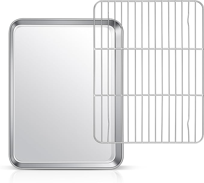 12.5 Inch Baking Sheet Pan with Rack Set, Joyfair Stainless Steel Toaster Oven Pans Tray & Cooling Racks for Cookie/Jelly Roll/Bacon/Meat, Commercial Metal & Rust-free, Dishwasher Safe