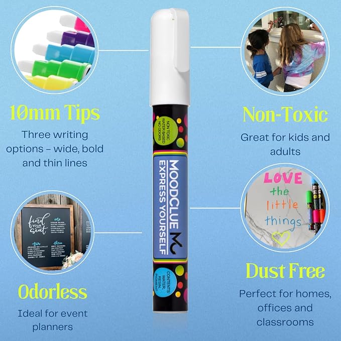Liquid Chalk Drawing Markers for Car Windows, Auto Windshields, Mirrors, White Boards, Retail + Restaurant Signs. Erasable Chalk Markers – Washable – Bold - Neon 8pck. 10mm tip - 3 writing options.