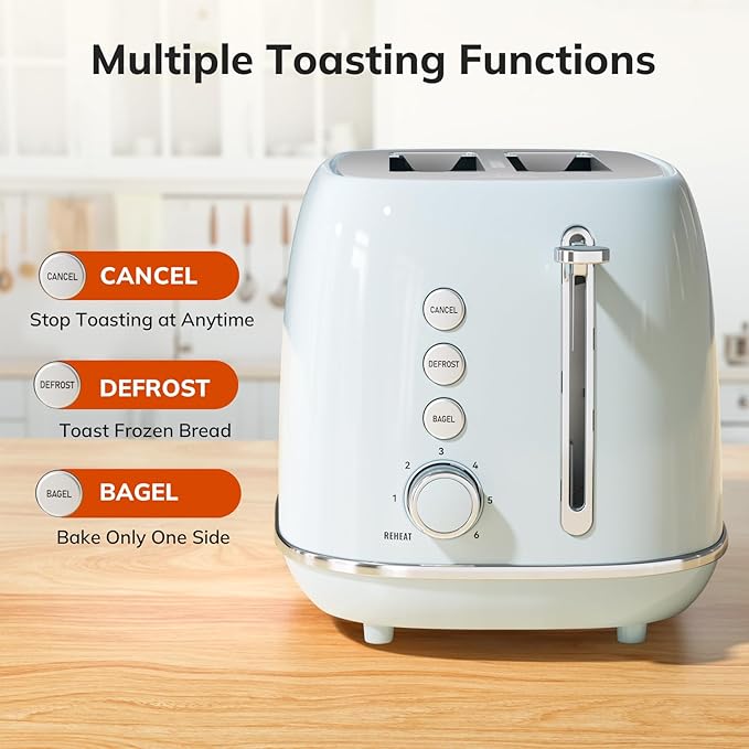 Retro 2 Slice Stainless Steel Toaster with 6 Bread Shade Settings, Bagel, Cancel, Defrost Function, Extra Wide Slot, Removable Crumb Tray, Blue