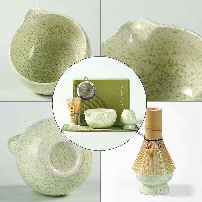 Matcha Whisk Set, Ceramic Matcha Set with Spout, Matcha Bowl Kit with Sifter, Whisk and Holder, Bamboo Scoop, Scoop Rest, Tea Towel, 7 Pcs Matcha Kit Set for Making Breakfast/Latte for Matcha Lovers