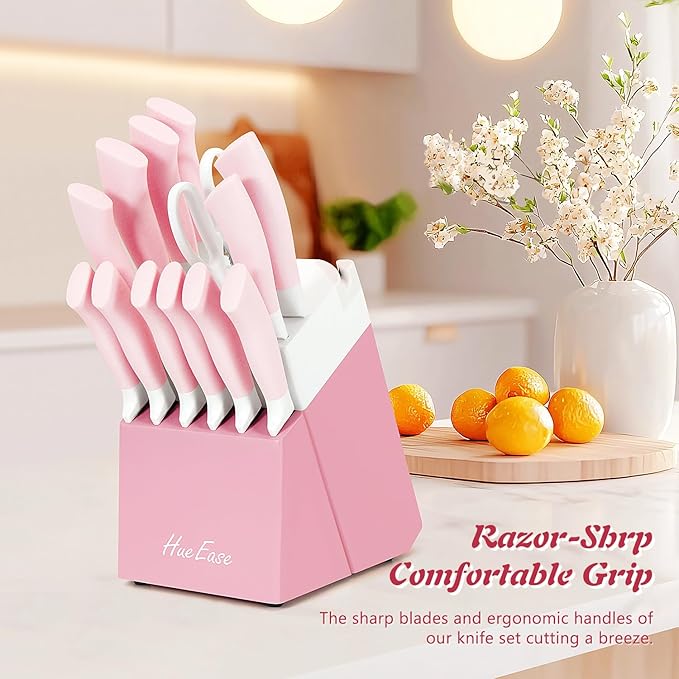 14 Pieces Knife Set with Block, Ceramic White Coating, High Carbon Stainless Steel Sharp Blade Block Knife Set, Dishwasher Safe Cutlery, Colliding Pink