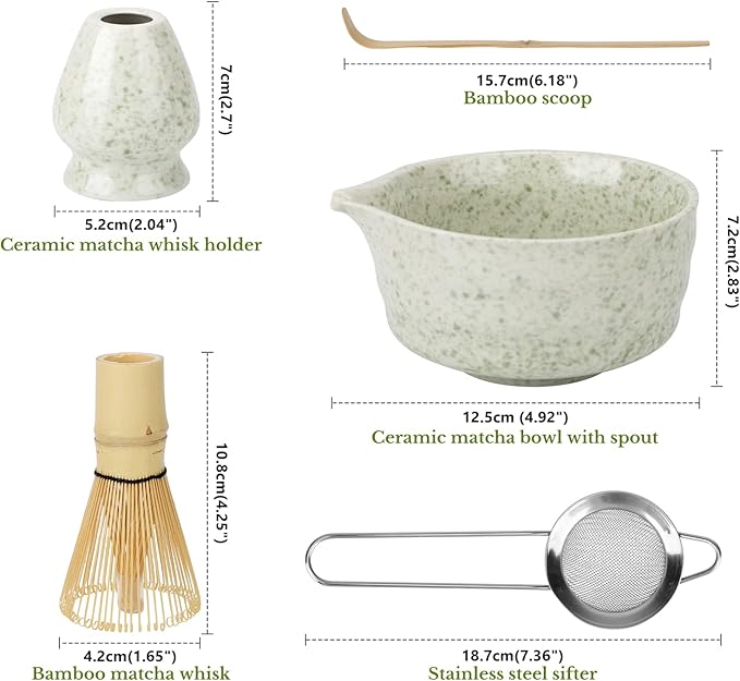 Matcha Whisk Sets, 5 Pcs Handmade Ceremony Matcha Kit, Ceramic Matcha Bowl with Spout, Whisk Set for Making Matcha, Gift for Lover, Family, Friends, Tea Enthusiasts