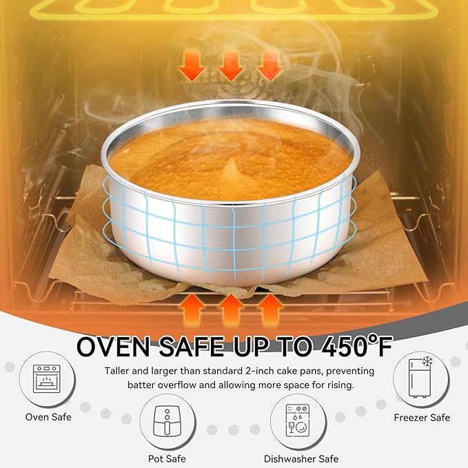 Leonyo 6 Inch Cake Pans, Stainless Steel Round Cake Baking Pans Set of 2, 6” x 3” Deep Baking Tins for Even Heating, Non Toxic & Healthy, Heavy-Duty, Dishwasher Safe