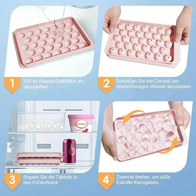 WIBIMEN Ice Cube Tray with Lid and Bin - Round Ice Trays for Freezer with Lid - Ice Cube Trays for Freezer with Ice Container (1"-2PACK Pink)